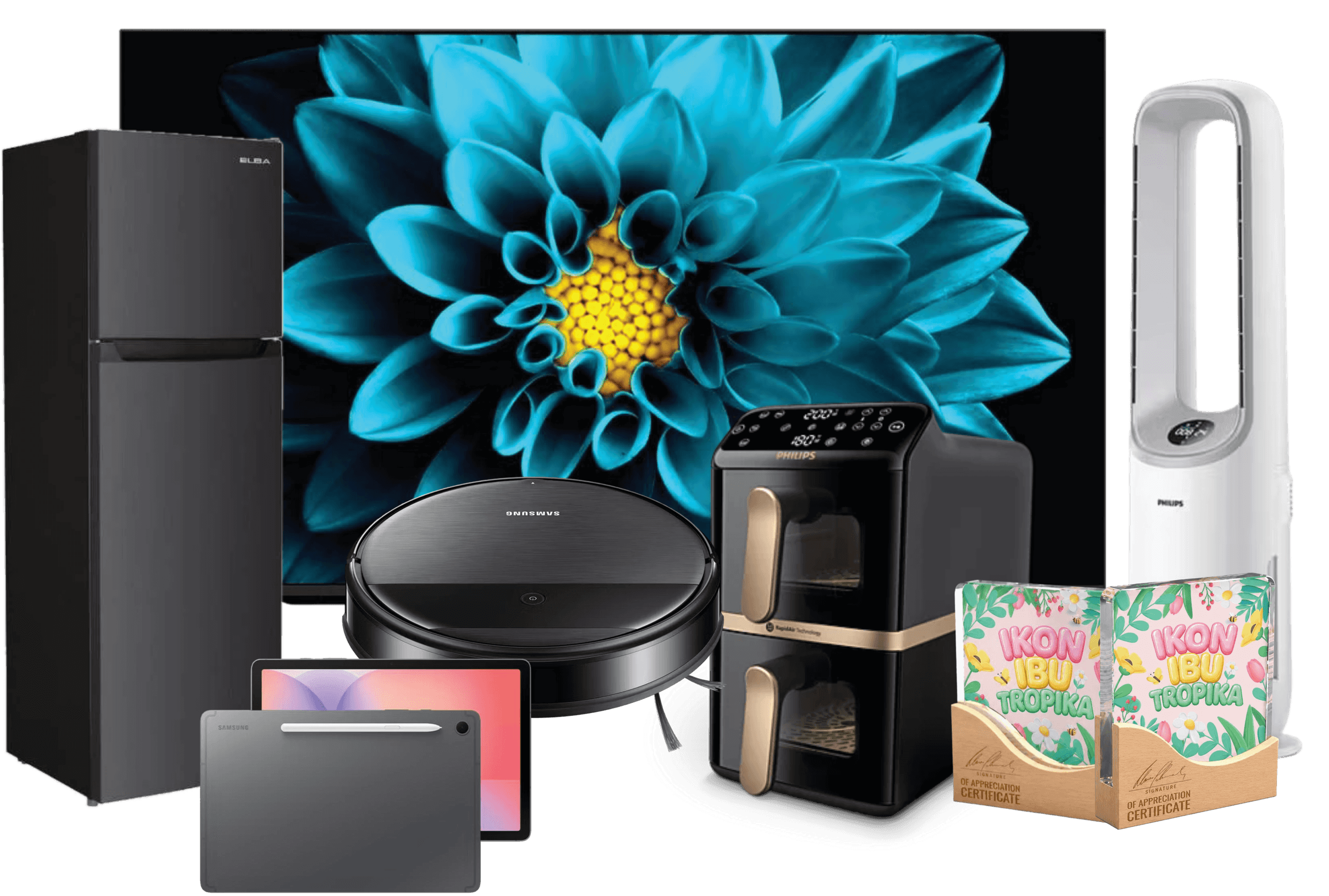 Hadiah: TV, peti sejuk, robot vakum, tablet, air fryer, penulen udara dan set produk Tropika